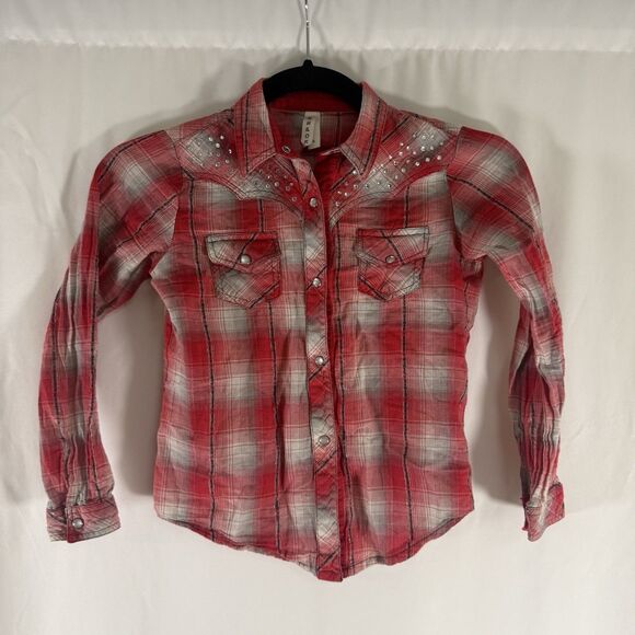 Roper Other - Roper Western Pearl Snap Shirt Girls Small Embellished Red Metallic Plaid Long S